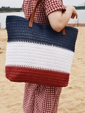 Striped Navy White Red Crochet Beach Tote